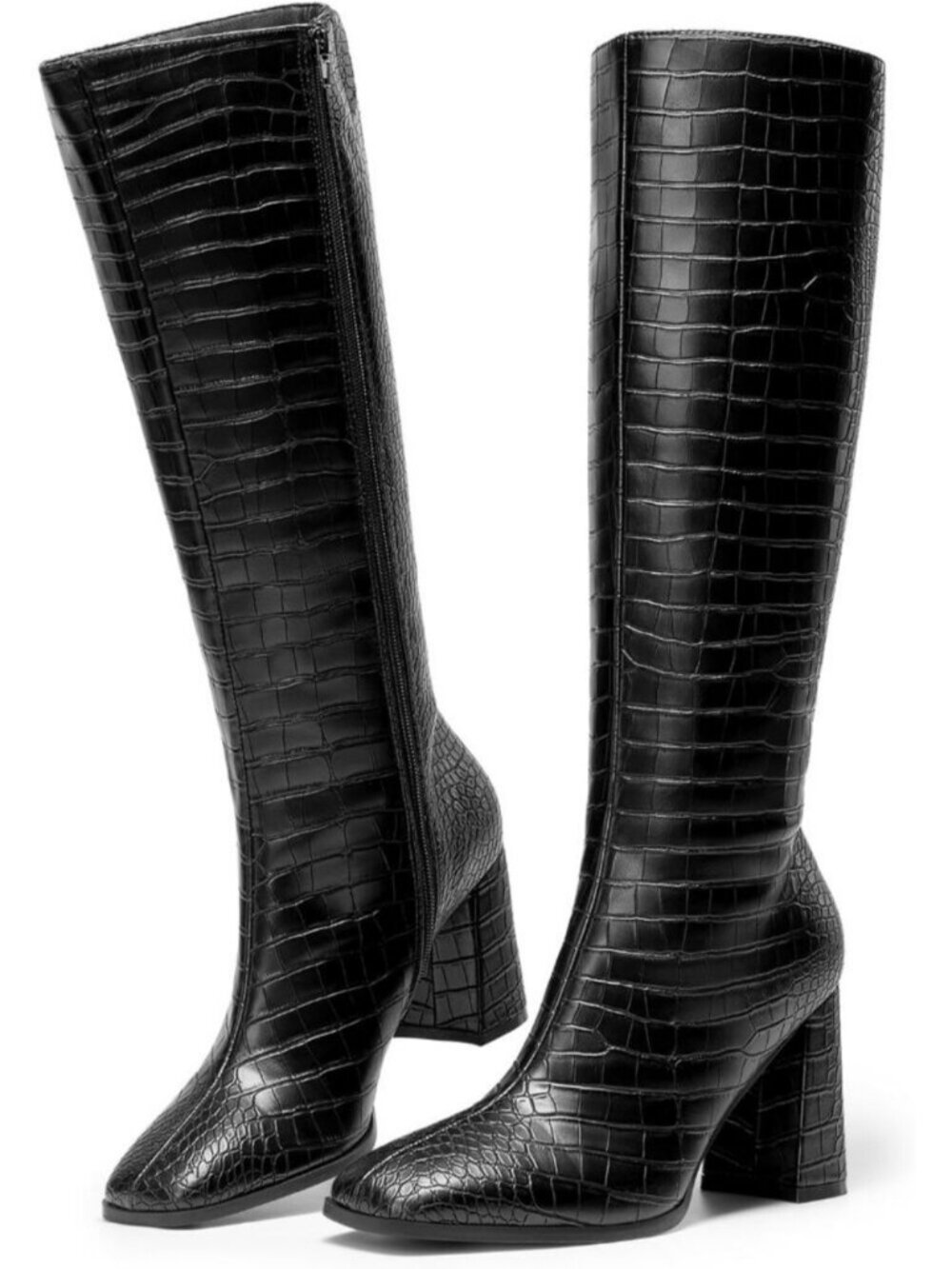 DREAM PAIRS Women's Black-Croco Knee High Chunky Gogo Boots Square Toe Side Zip